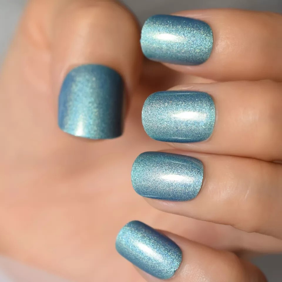 24 Shiny Blue mystic Press On Nails Short Glue On trendy glitter shimmer silver