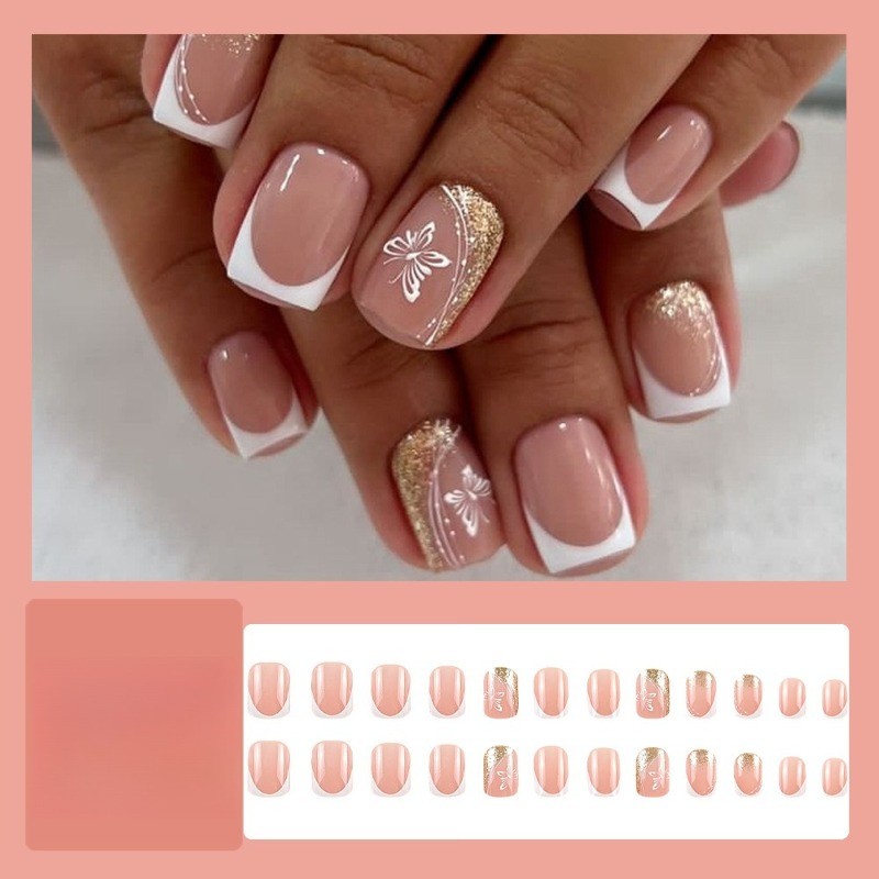 48pcs-Nude Pink Short Square Nails with French Tips, Butterfly &Gold Glitter Art