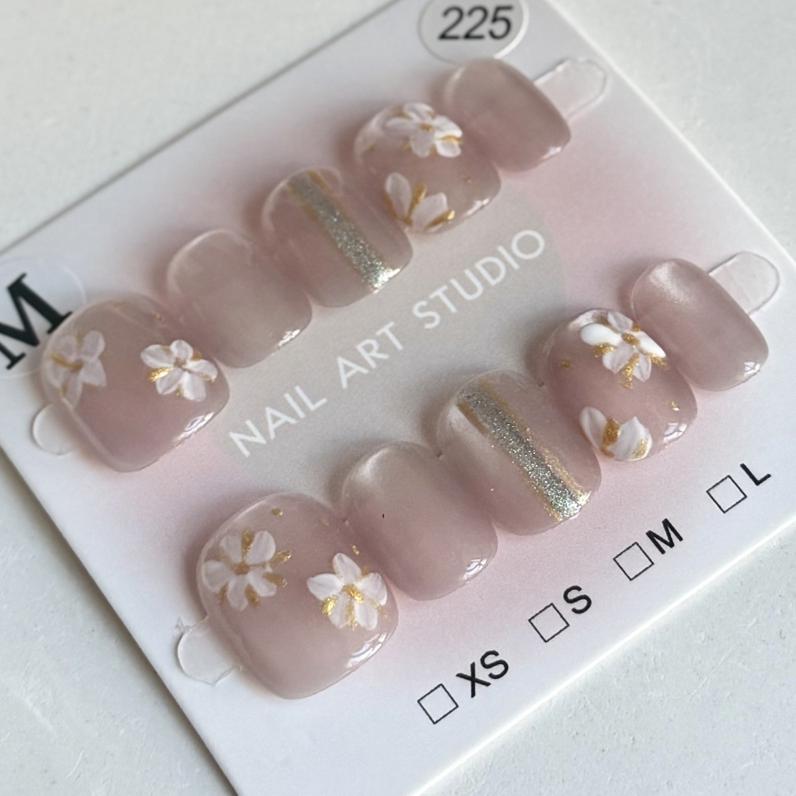 Hand painted Pink Flower Press-On Nails Short Squoval Size M Reusable Fake Nails
