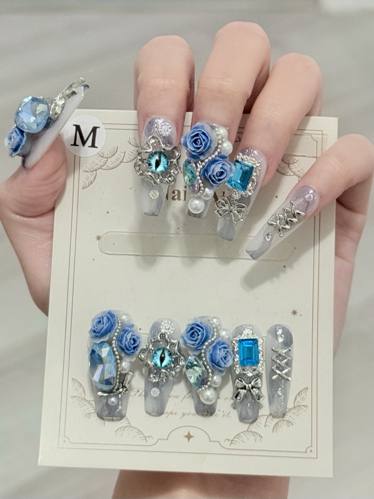 10pcs Handmade Blue Eyes Fake Nail Press/Glue On Nails Size M(Read Description