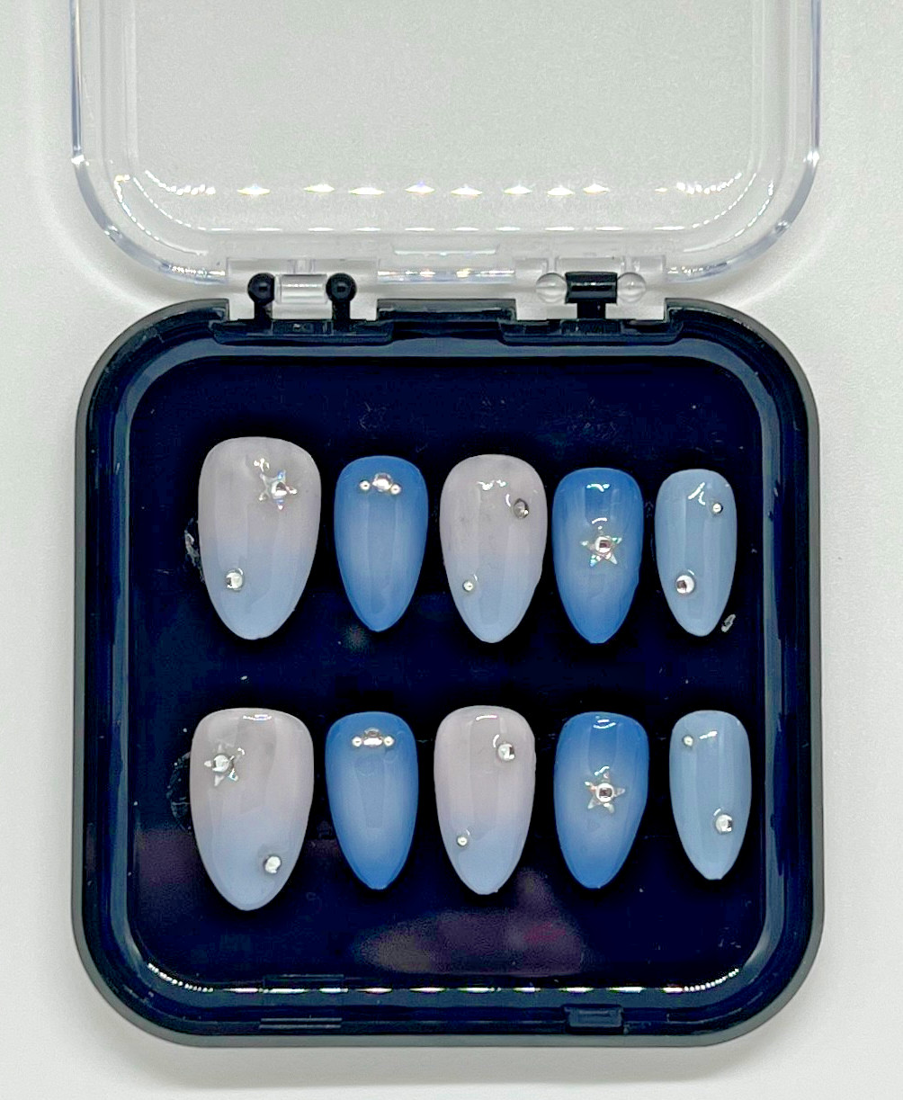 Handmade Custom Gel Press On NailsSky Blue with Installation Kit Included!