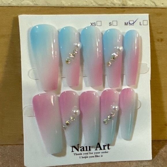 Blue Pink Ombre Press On Nails Long Coffin with Pearls and Rhinestones Size M