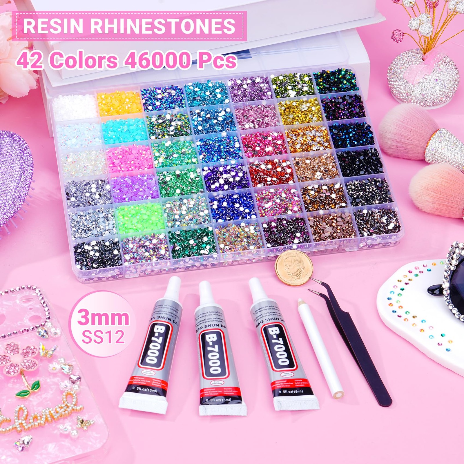 42 Colors 46000Pcs Jelly Rhinestones for Bedazzling, 3mm Multicolor Resin Fla…