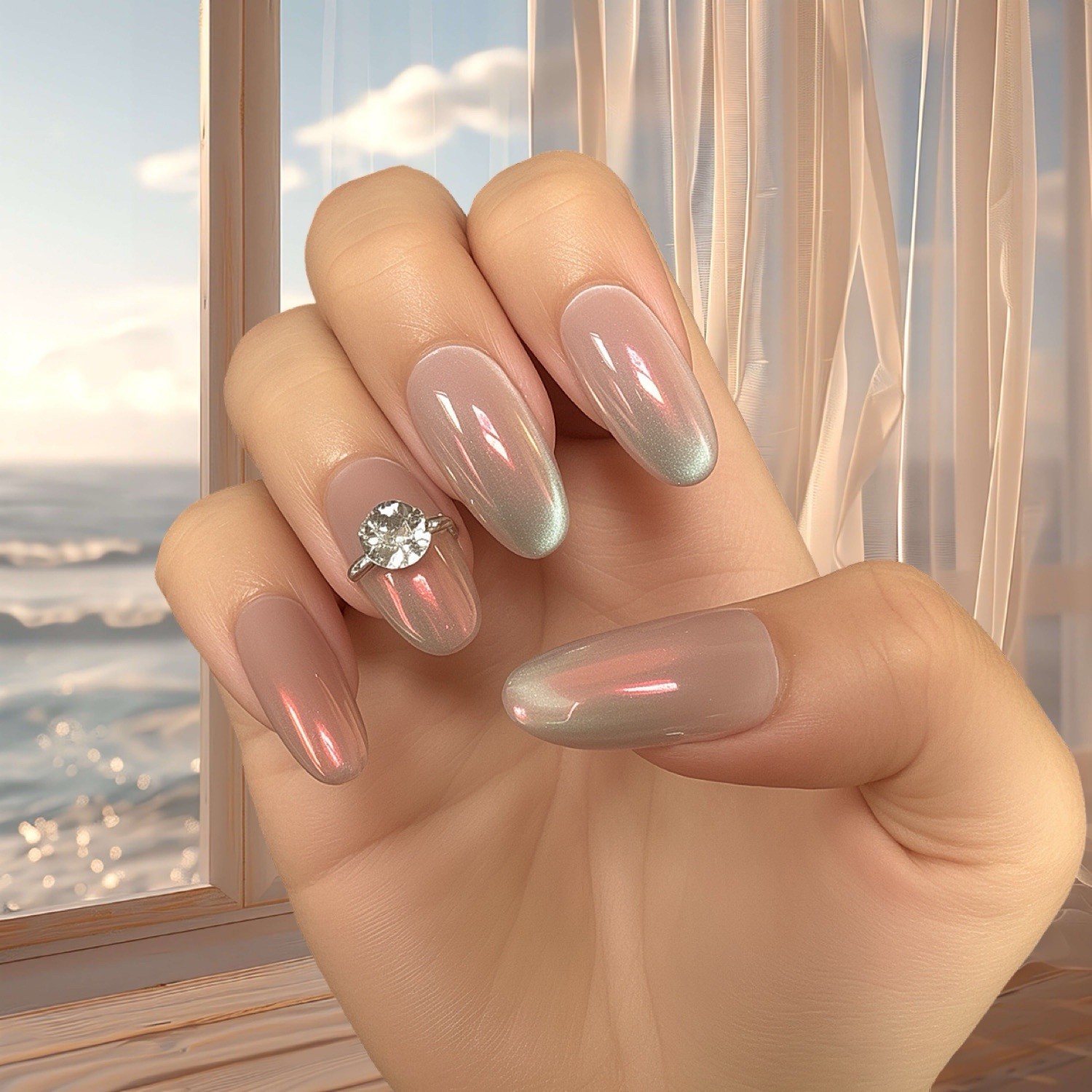 10pcs Handmade Light-Pink Gradient Cat-Eye Press-On Nails Medium Oval, XSSML
