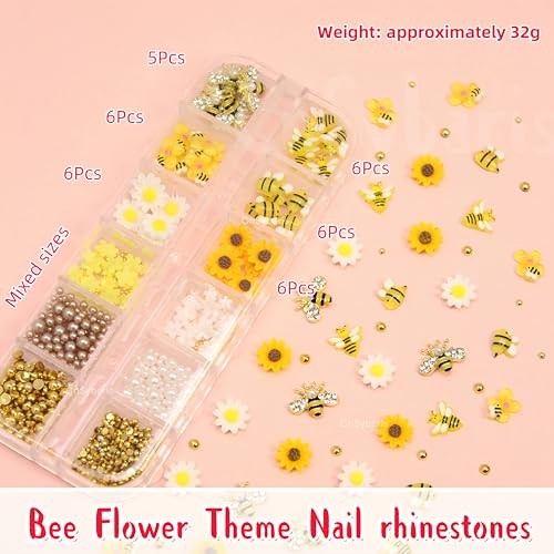 12 Grids Tiny Bee Nail Art Charms Resin Cartoon Daisy Flower Nail Gems yellow