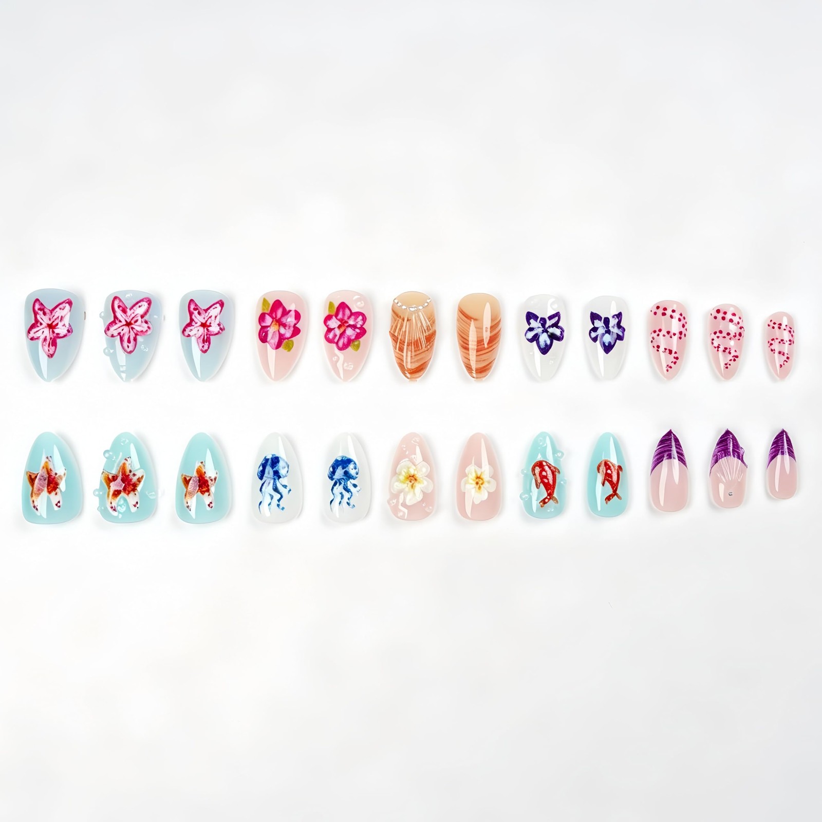 24Pcs Summer Beach Press on Nails Short Almond French Tips Fake Nails Colorfu…