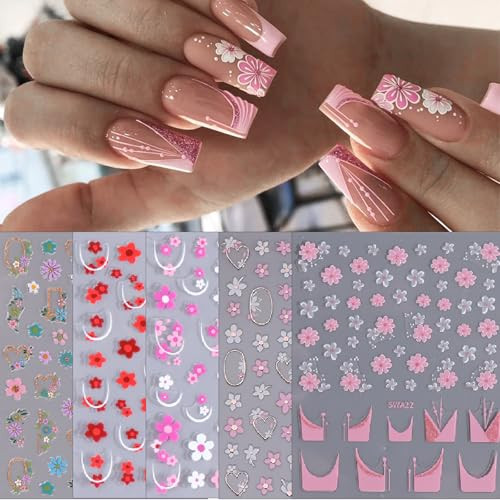 5 Sheets Flower Nail Art Stickers 3D Self Adhesive Daisy for Nails Spring