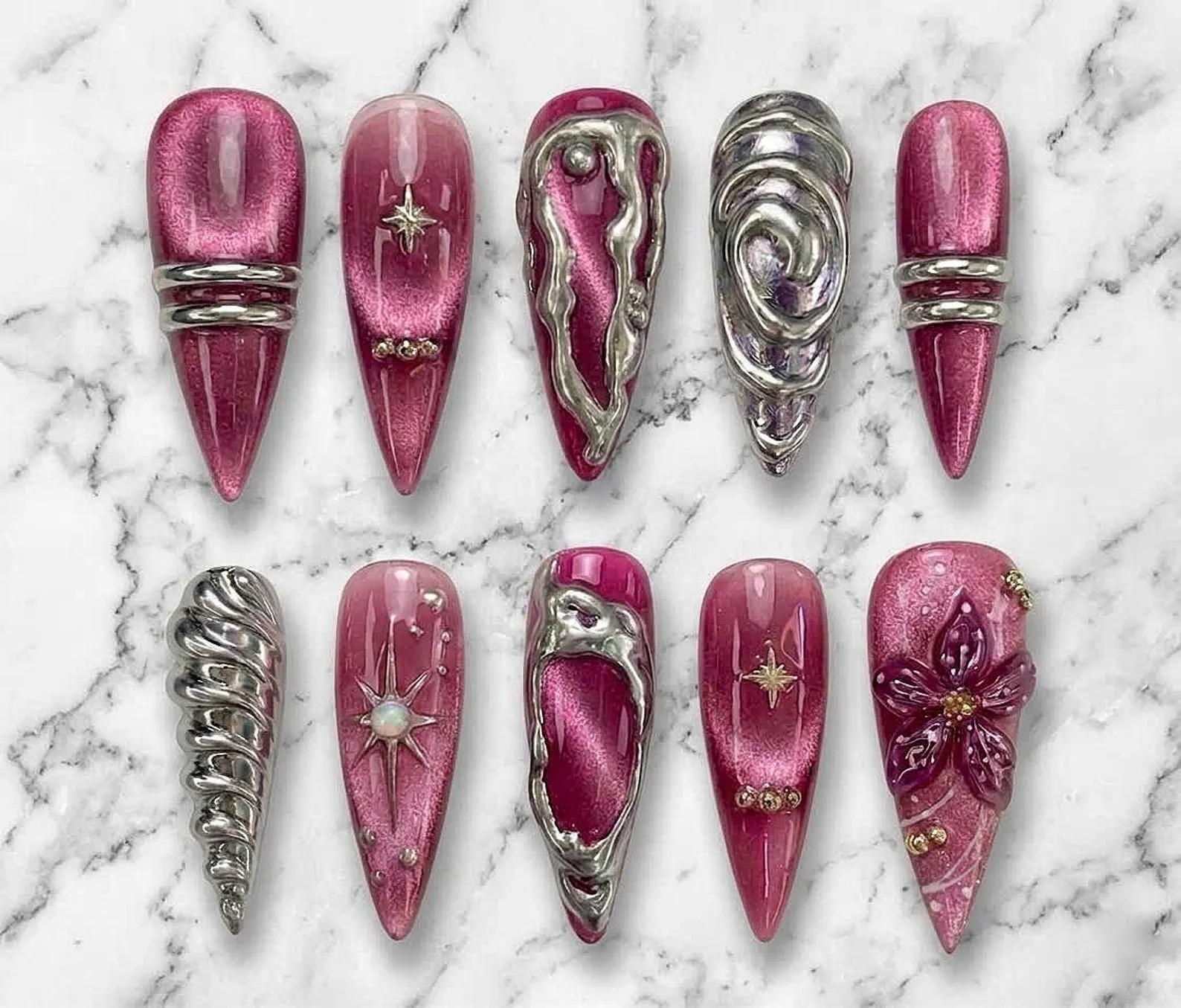 Pink Chrome Press On Nails 3D Flower Silver Y2K Handmade