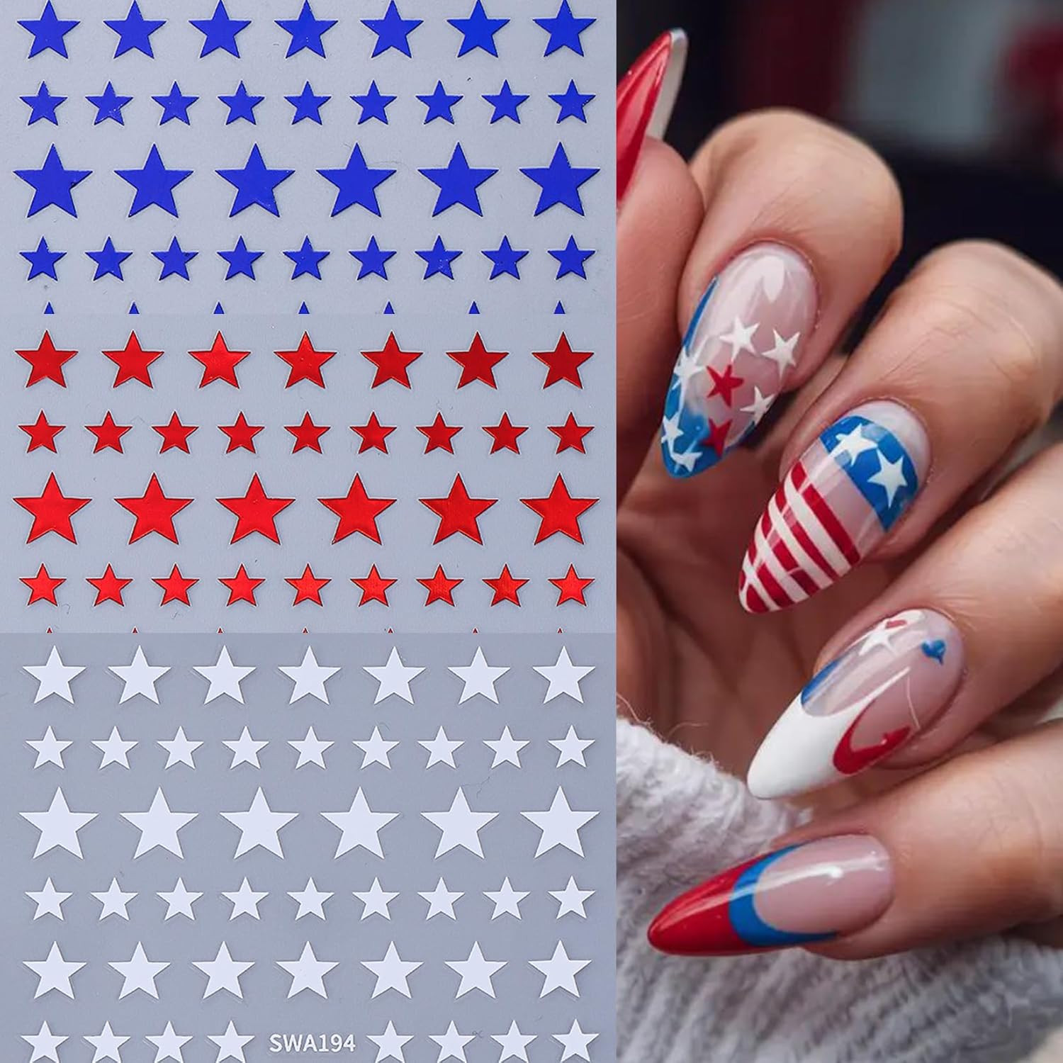 Independence Day Star Nail Art Stickers 12PCS Red White Blue Self Adhesive Nail
