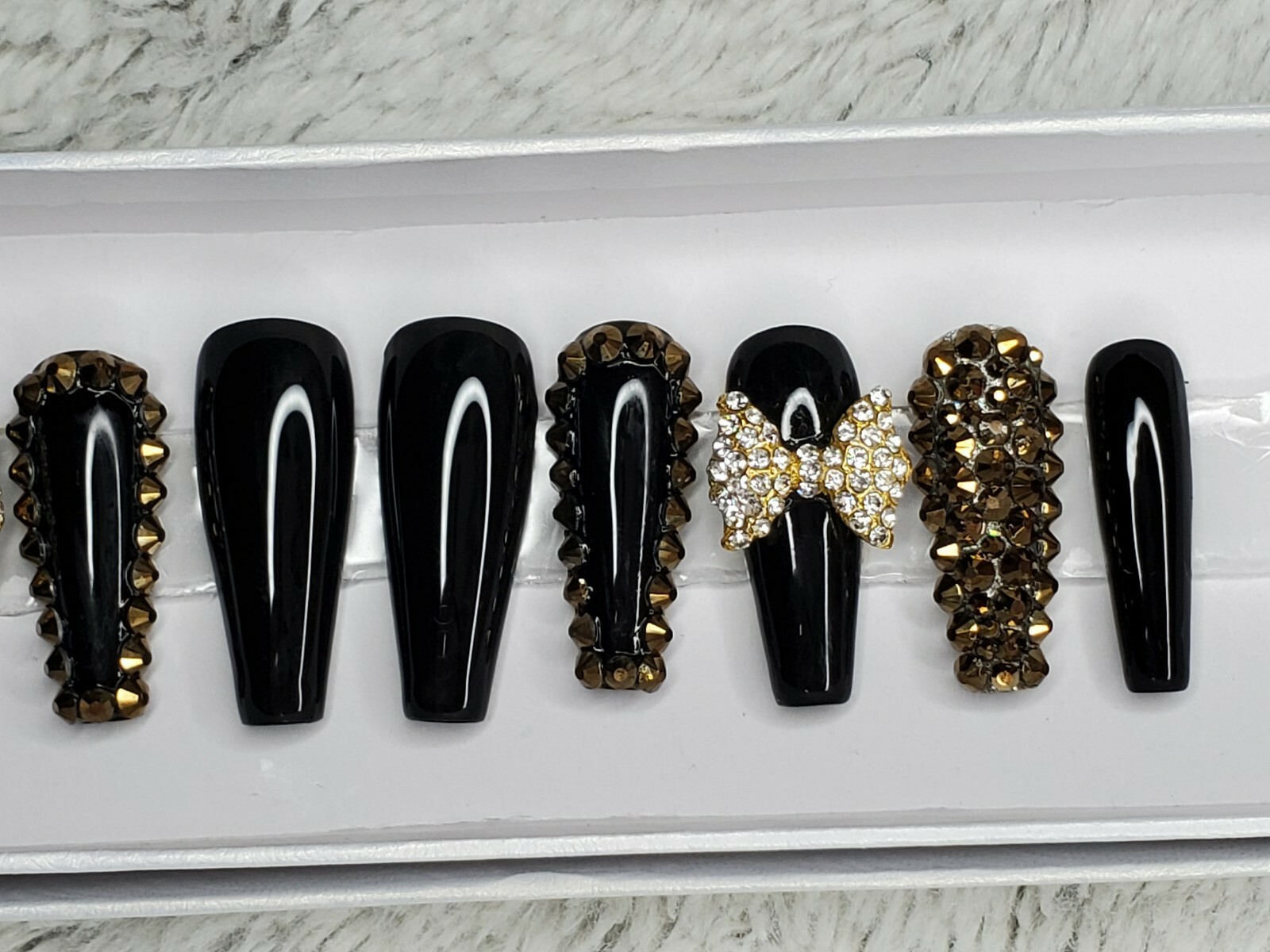 Black & gold bling long tapered ballerina press on nails diamond crystal bow