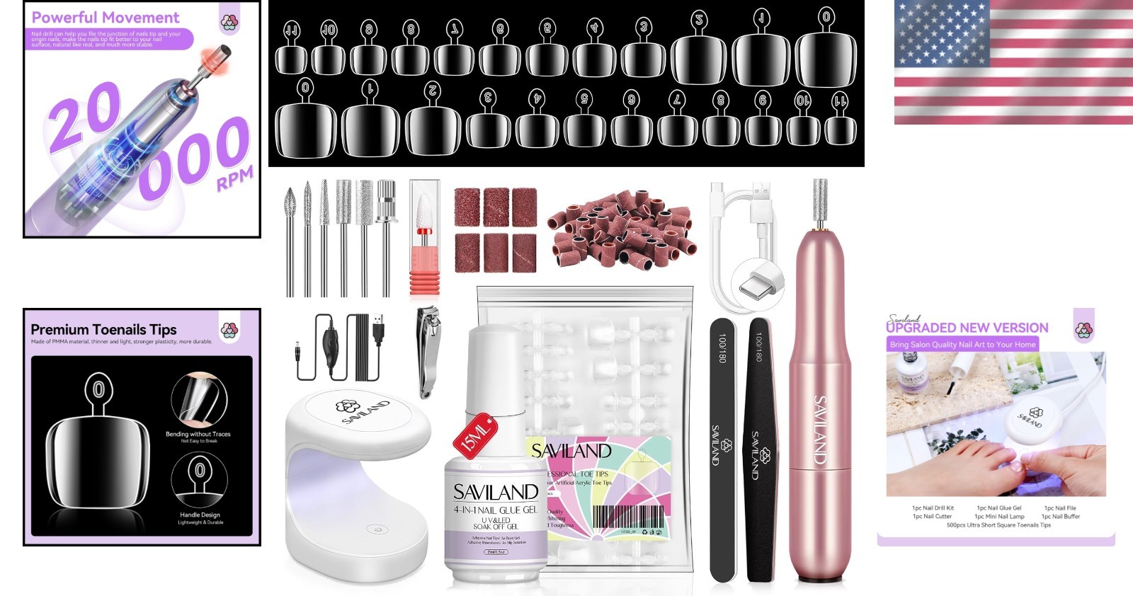 Gel Toe Nail Tips Kit – 500 Pcs Poly Toenails + Nail Drill