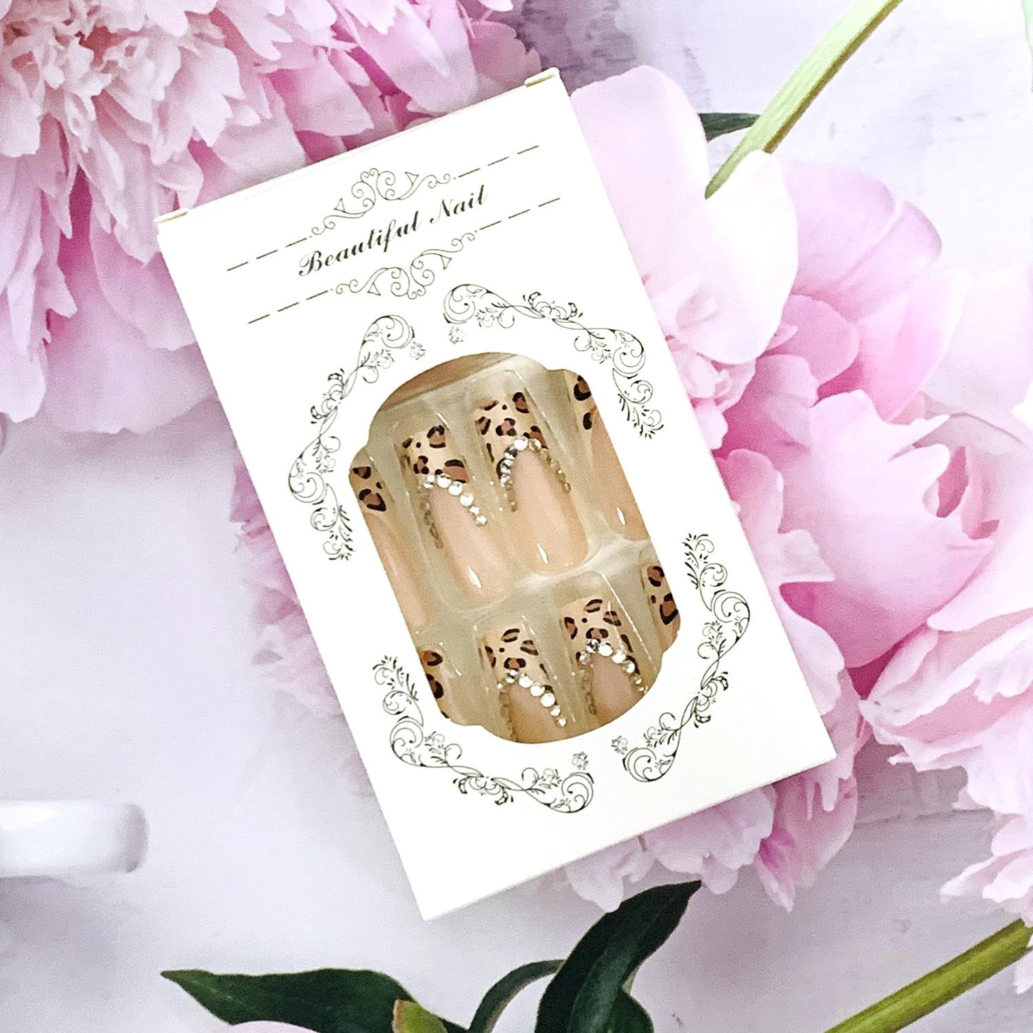Press on Nails Long Coffin Shaped Glossy Full Cover Acrylic Long Length Frenc…
