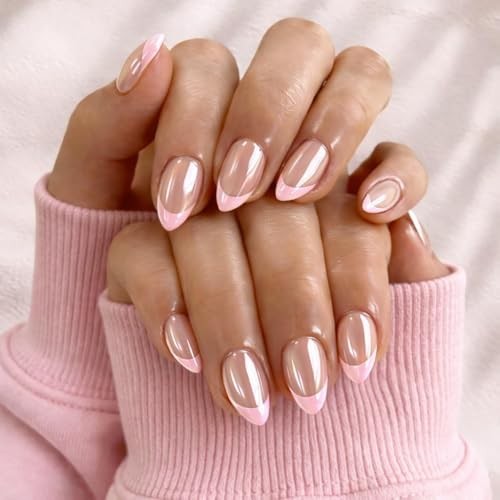 Almond Press On Nails – 30 Pcs – Glazed Baby French Pink – Chrome Tip