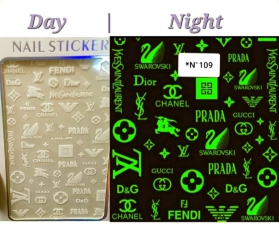 NWT NAIL ART DESIGN ONE SHEET SELF-SEAL STICKERS WHITE GLOW-IN-THE-DARK N°109!