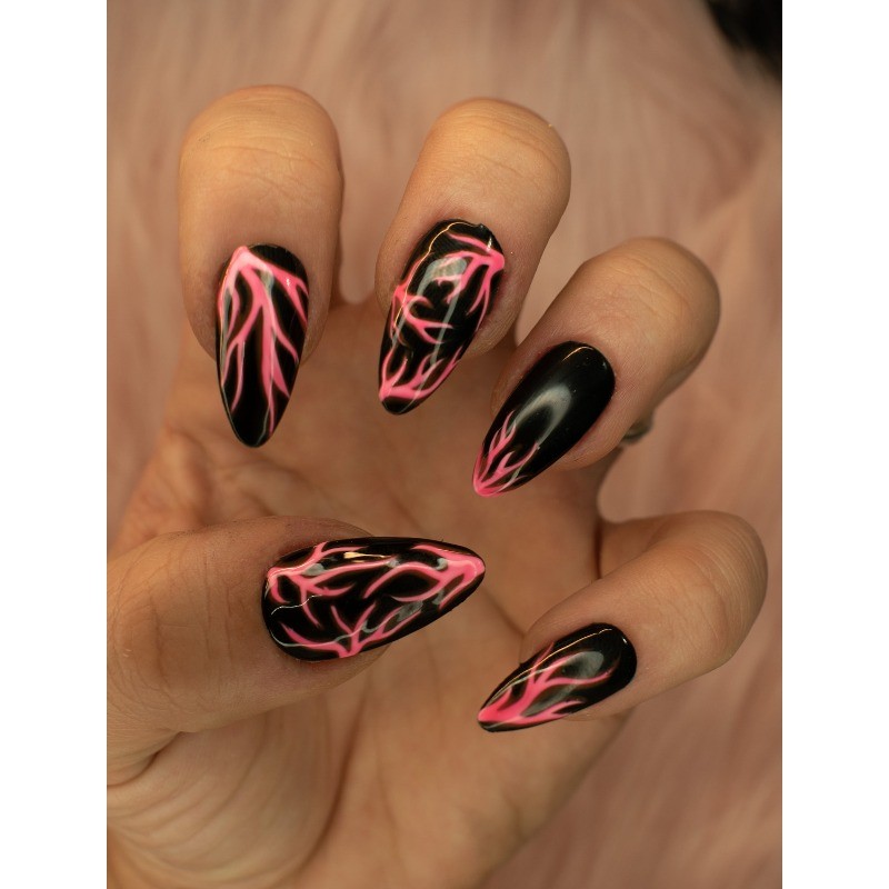Pink Flame Handmade Press on Nails Black Base Swirl Dark Trendy Gloss Fake Nails