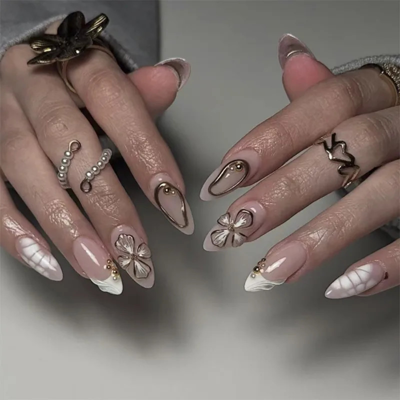 24pcs 3D Floral Press on Nails: French Almond Bow Pearl Fake Nails