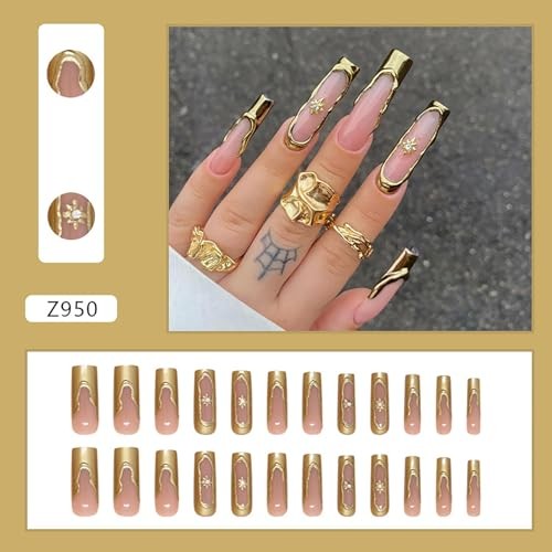 Press On Coffin Shaped Acrylic Glossy Full Cover Square Gold French and Star
