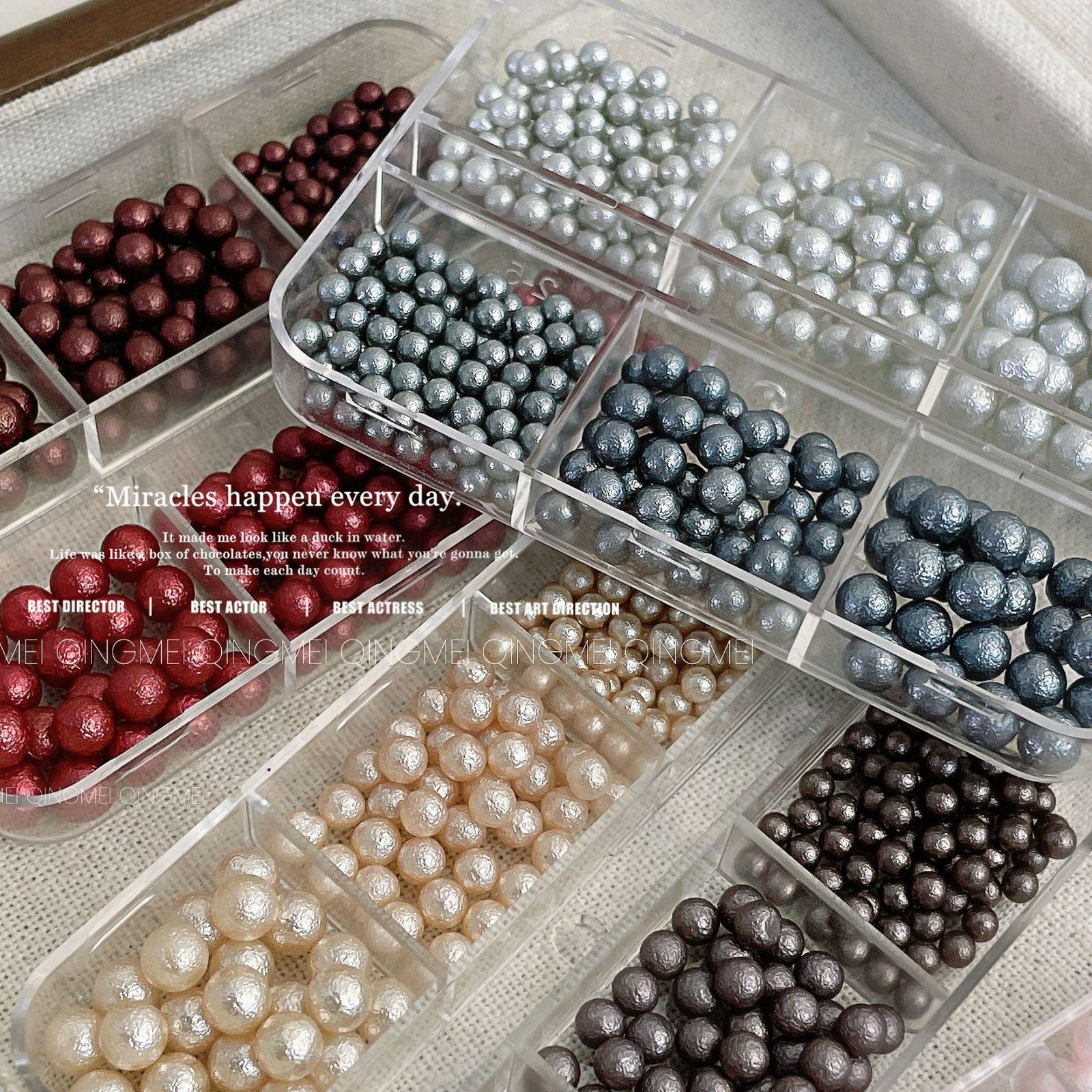 6-Grid Lunar Surface Crinkle Pearl Set, Multi-Color Wrinkled Nail Beads Art