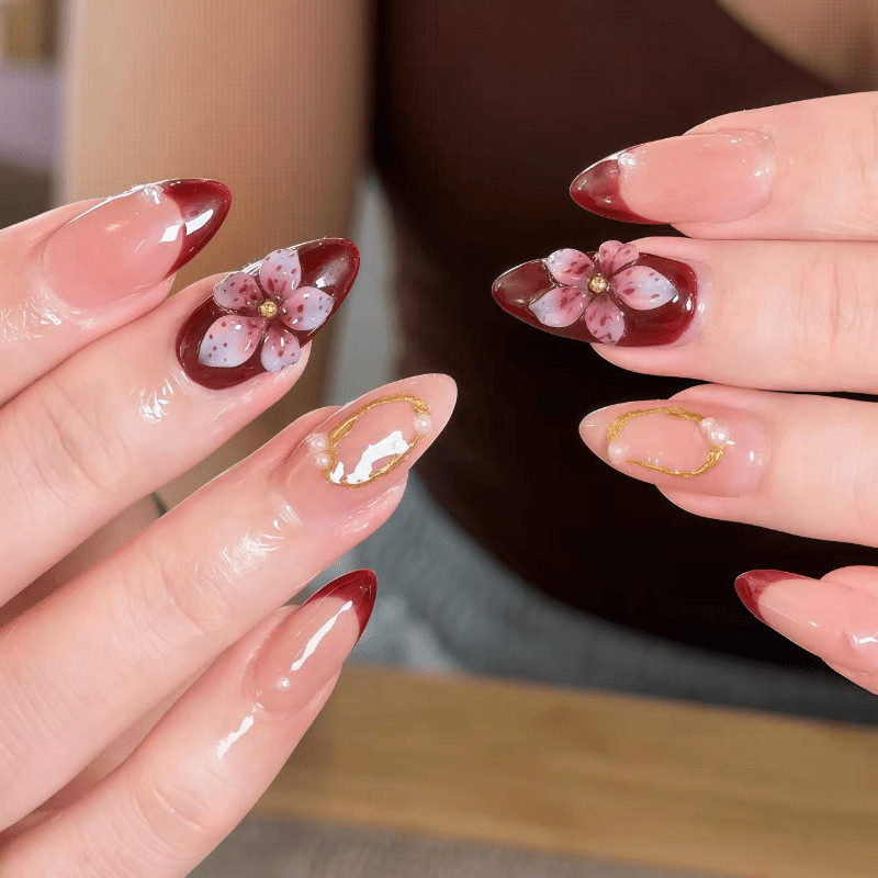 60Pcs Burgundy Floral Pearl Almond Press on Nails, Vintage Sweet Nude Fake Nails