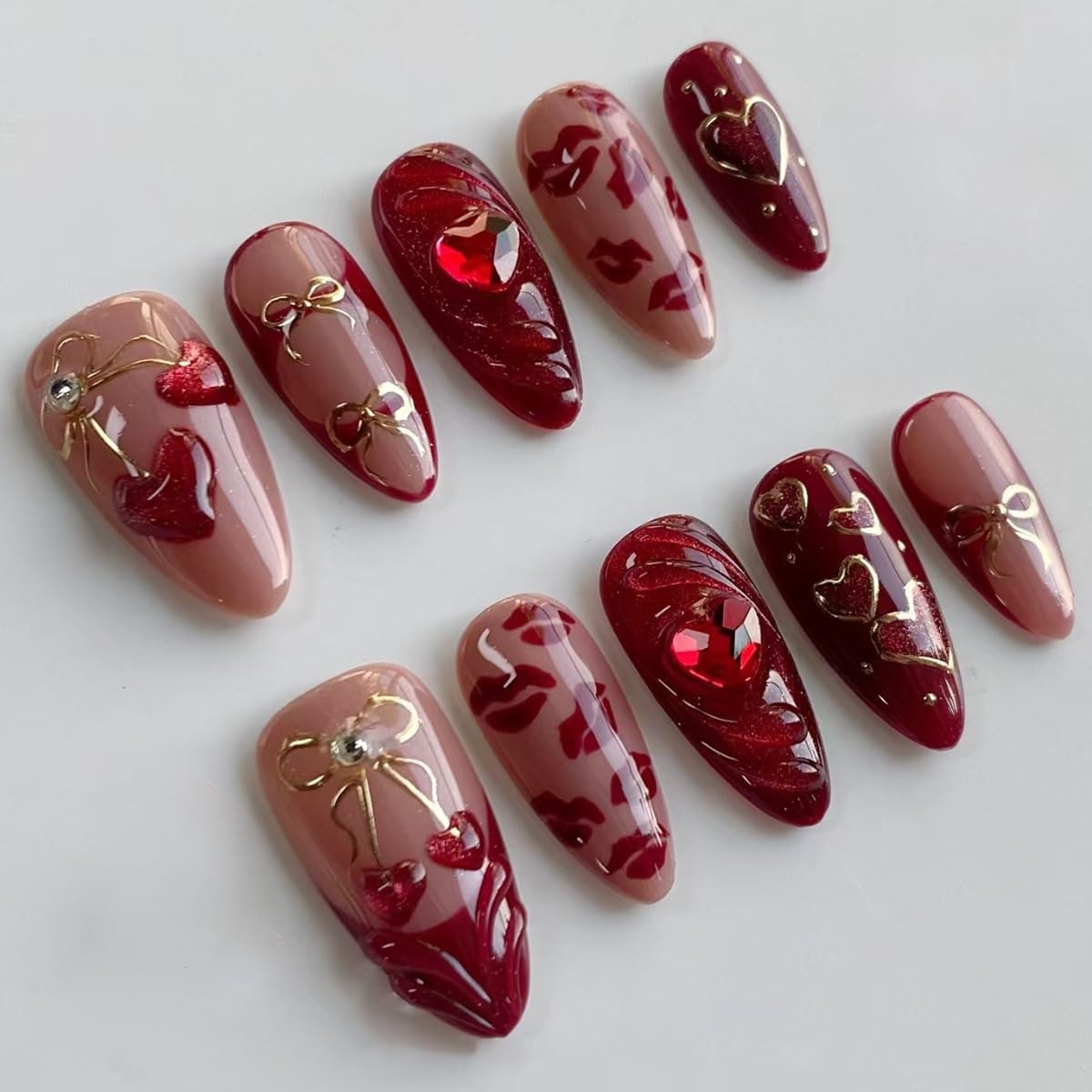 Mkwntg Heart Fake Nails-5 Rhinestone Cherry Bow