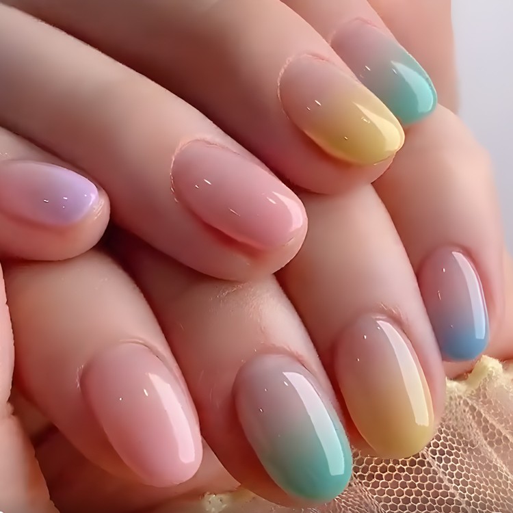 24-piece Short Oval Rainbow Gradient Design Nail Polish Set.Long Press On The Na