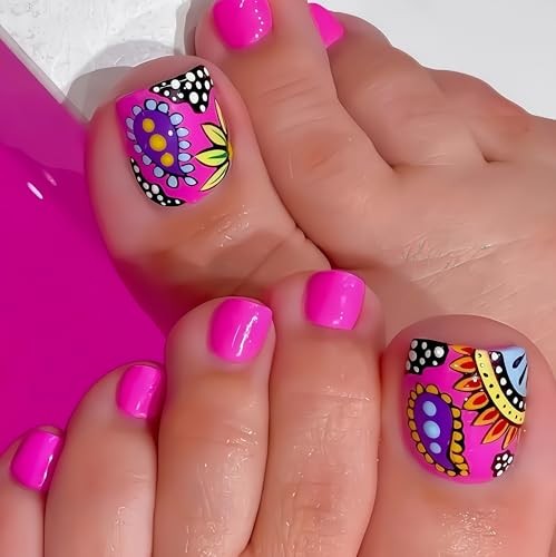 Summer Colorful Flowers Press on Toenails Short Square Full Cover Sunflowers