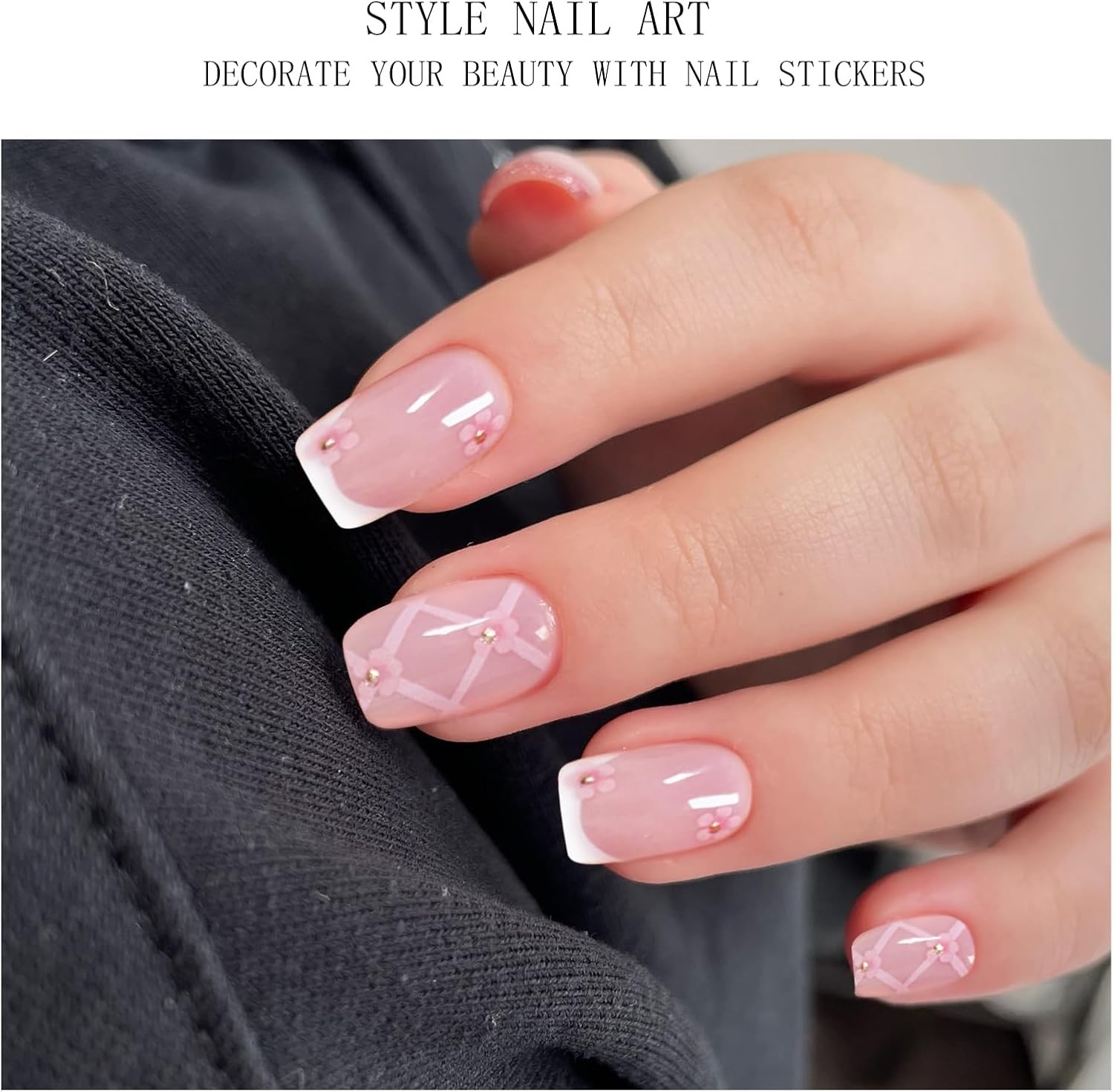 Semi Cured Gel Nail Strips French Tip White Pink Flower Design UV LED Nail Art
