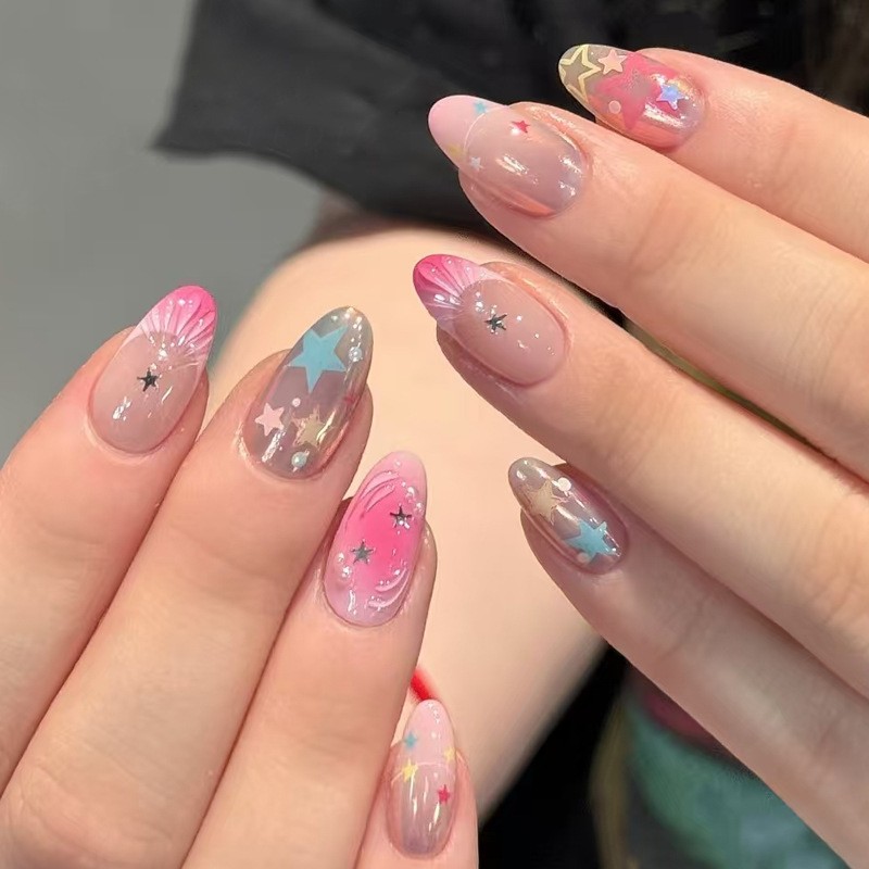 60Pcs-Pink Ombre Star Shell Almond Press on Nails Y2K Cute Daily Fake Nails