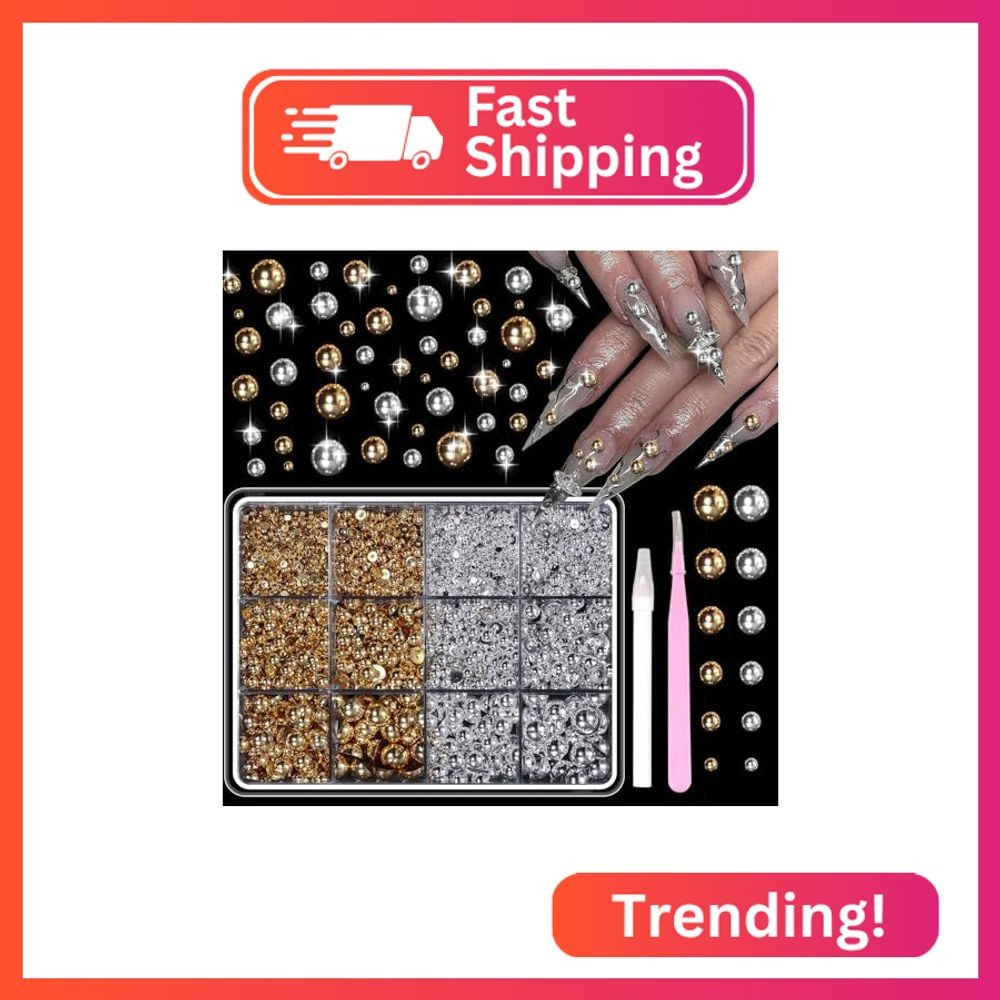 CESUSME Silver Gold Flatback Pearls for Crafting, 6 Sizes (2-8 mm), 12 Grids, AB