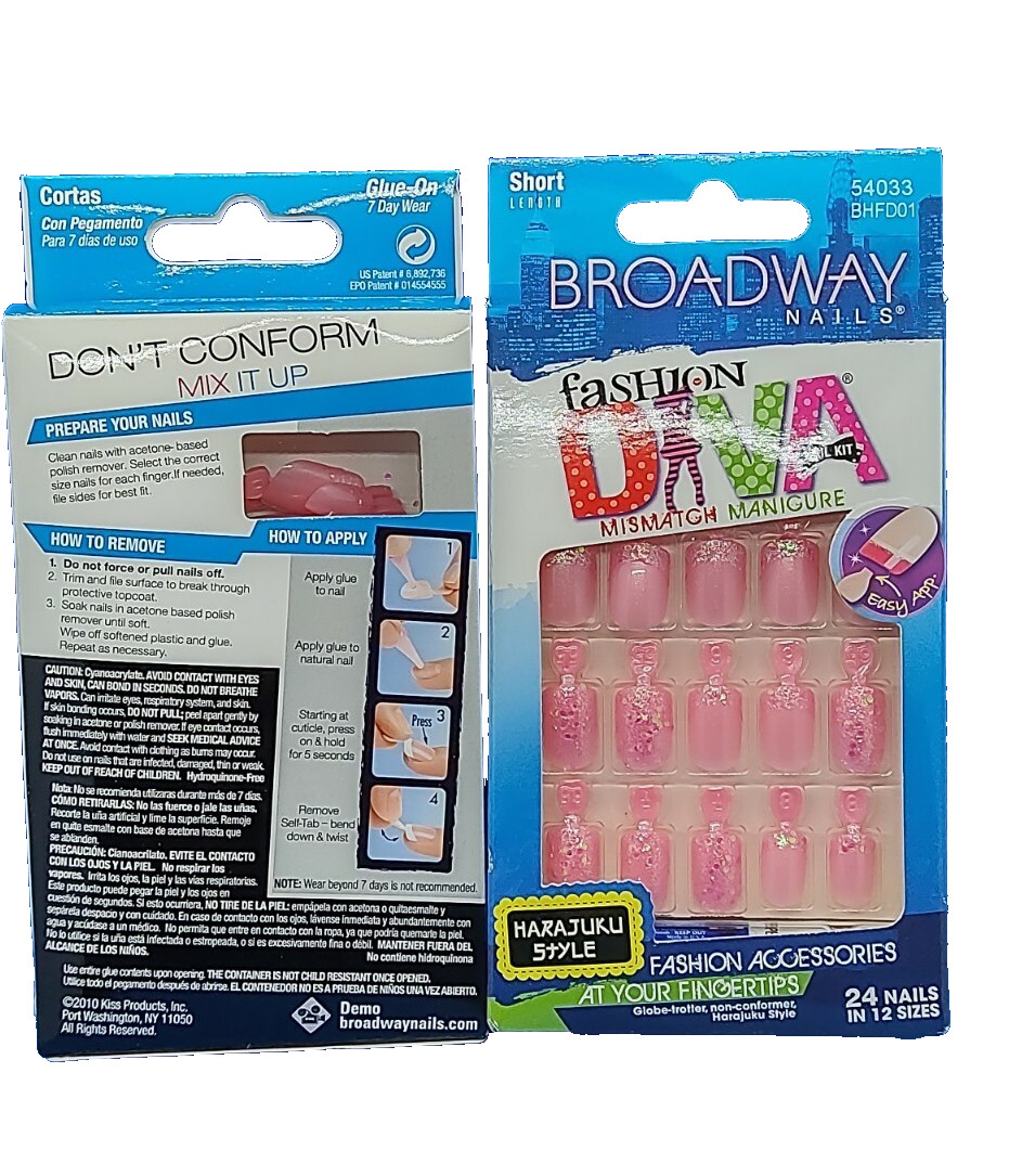 BROADWAY NAILS by Kiss Fashion Diva LOVE Pink Glitter SHORT LENGTH (LOT OF 2)