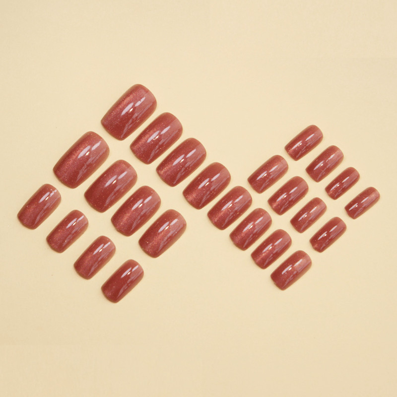 48 Pcs Wine Red Cat Eye Short Square Press on Nails, Bright Elegant Fake Nails