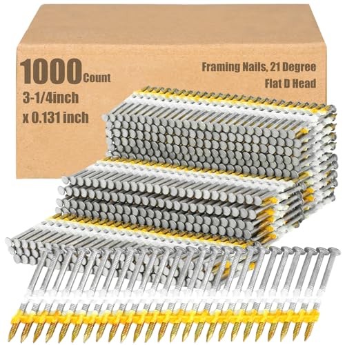 Therwen 1000pk 3-1/4″ Galvanized Ring Shank Framing Nails 21 Degree D Head
