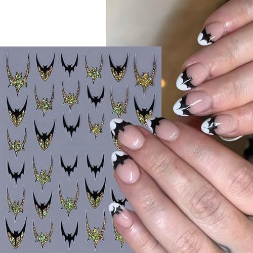 6Sheets Halloween Silver Glitter Bats Nail Stickers Halloween Nail black bat