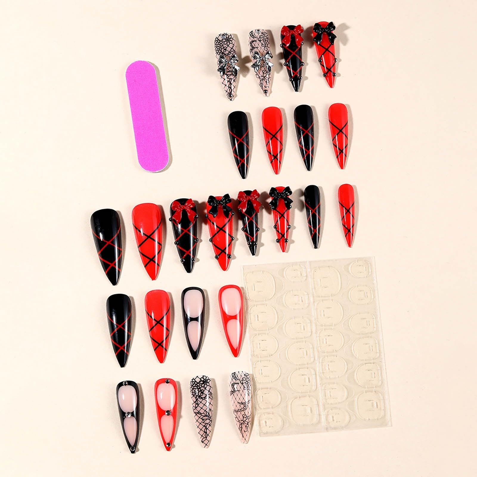 Red Black Lace Bow Long Stiletto Press On Nails, Gothic Fake Nails