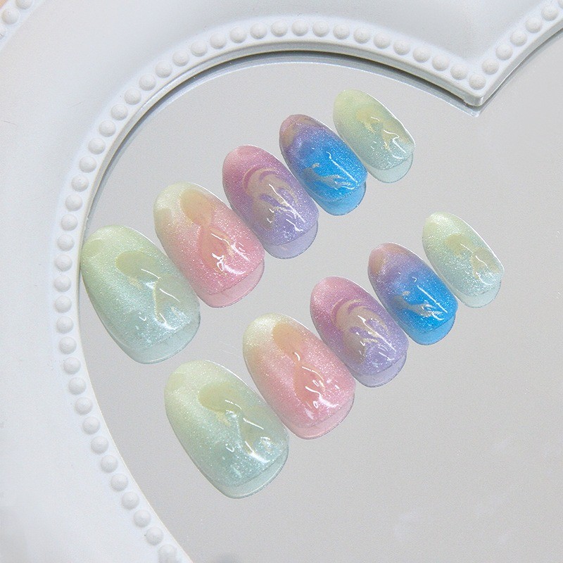 48pcs-Press on Nails Cat Eye Goldfish Print Water Drop Round Oval Nail Art Set