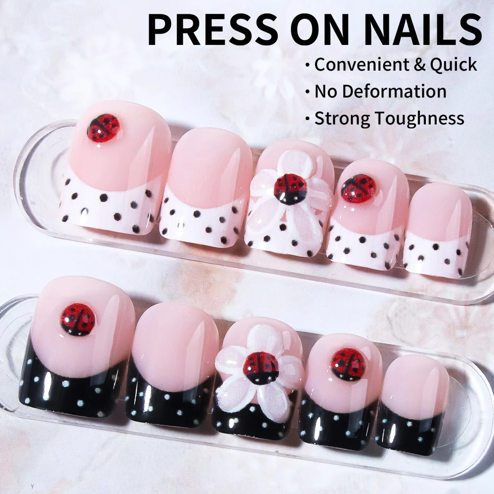 24Pcs Set French Tip Press On Nails Short Oval 3D Gel Flower Ladybug Polka Dot