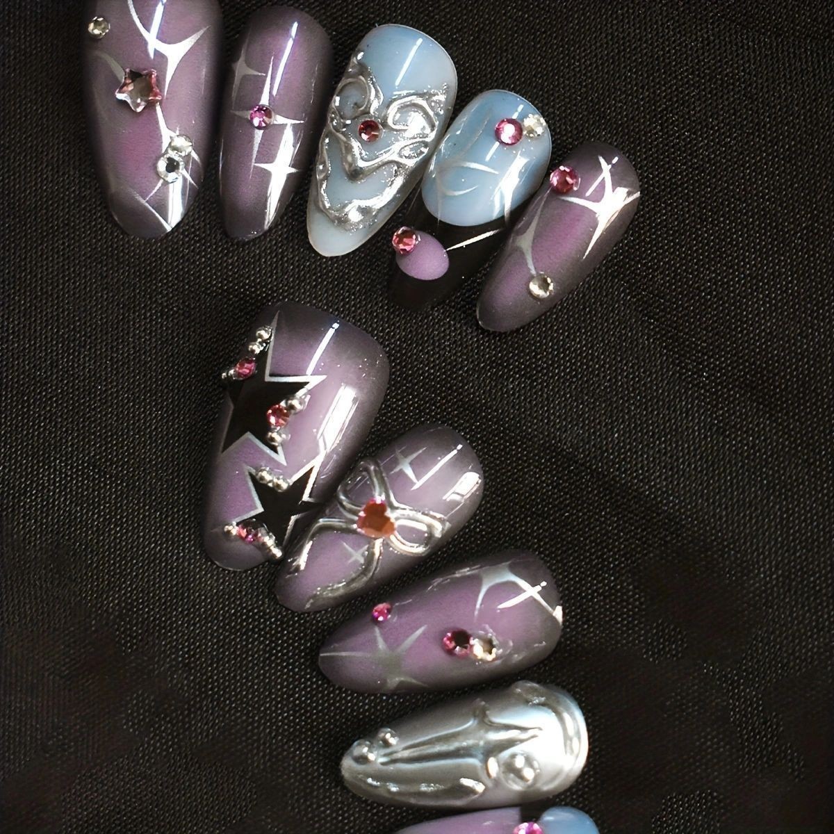 10pcs Handmade Star Bow Rhinestone Short Almond Press On Nails