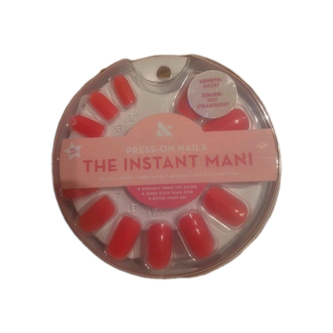 Press-on Artificial Nails, Squoval Short, Hot Strawberry, Pink, 42 Ct