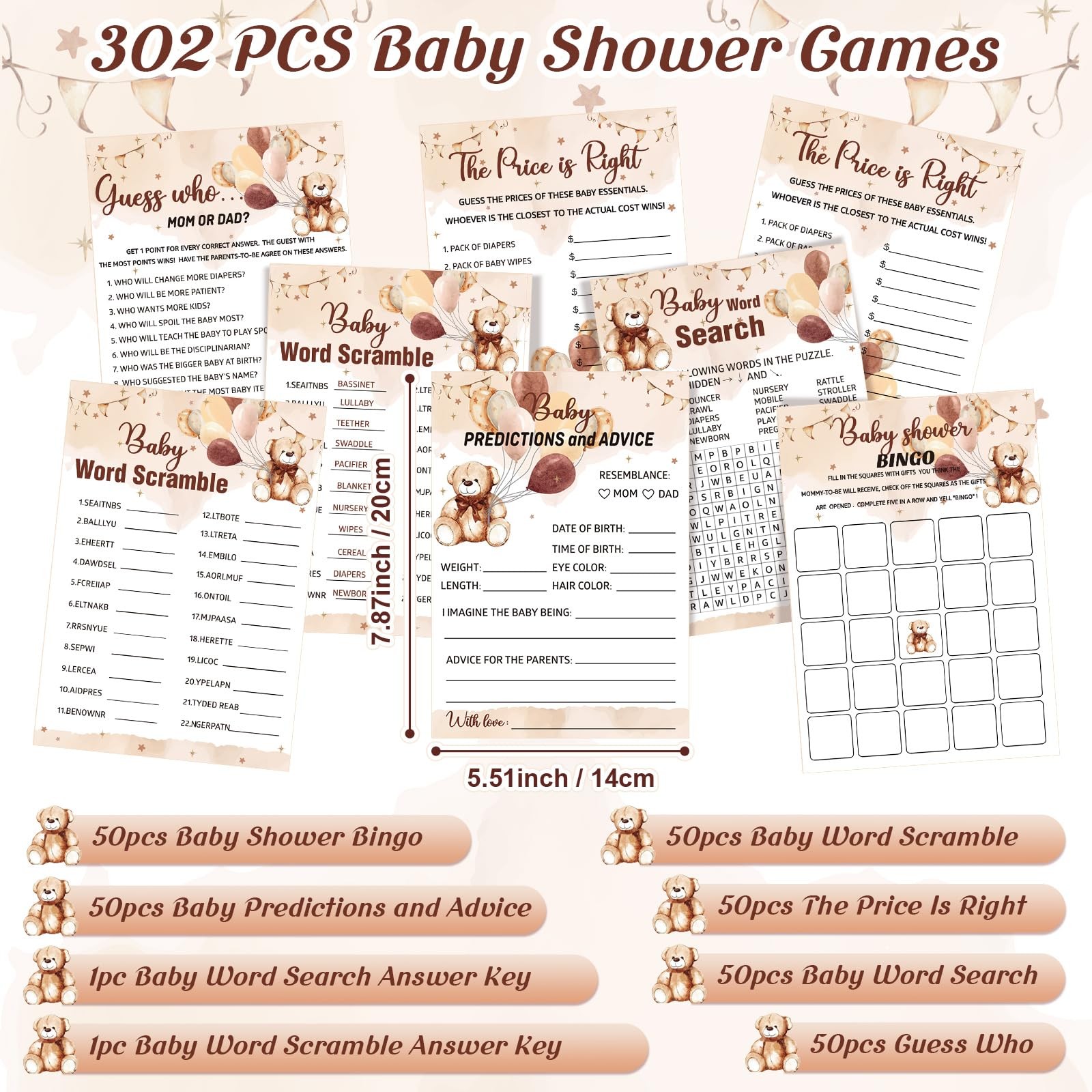 Jetec 302 Pcs Bear Baby Shower Games Set 6 Include 7.87 x 5.51 inches
