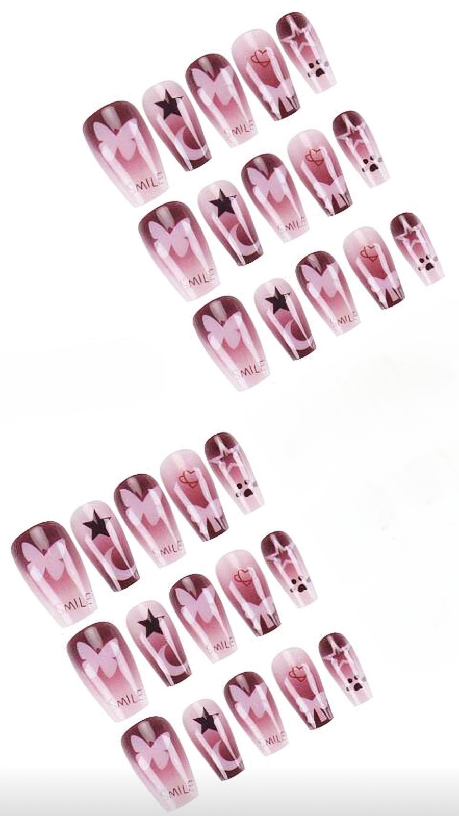 Press-On Nails Summer Light Pink Dark Pink Stars & Butterflies Medium *30 pcs*