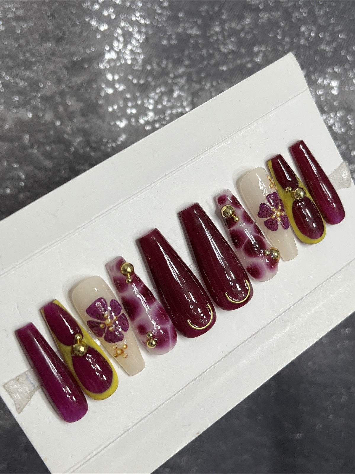 💜✨ Luxury Gel Press On Nails, PLUM FLOWER , LONG COFFIN 10p Set W/ FULL KIT