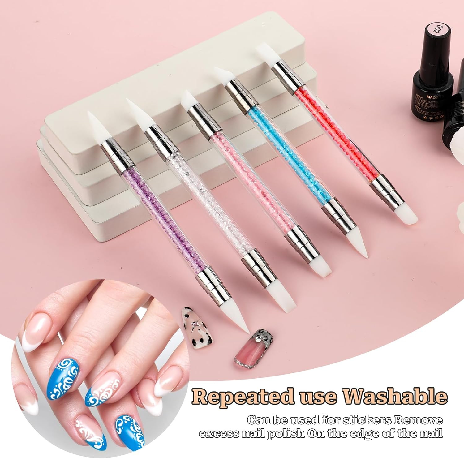 10PCS Nail Art Gel Carving Pen Rhinestone Handle Silicone Nail Art Pen Brushes f