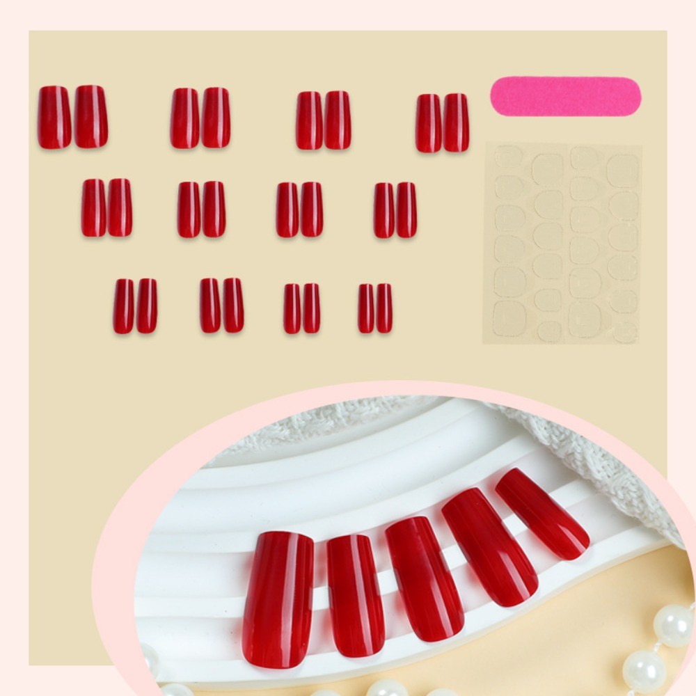 24pcs-Deep Red Press On Nails, Extra Long Square Shiny Acrylic False Nails