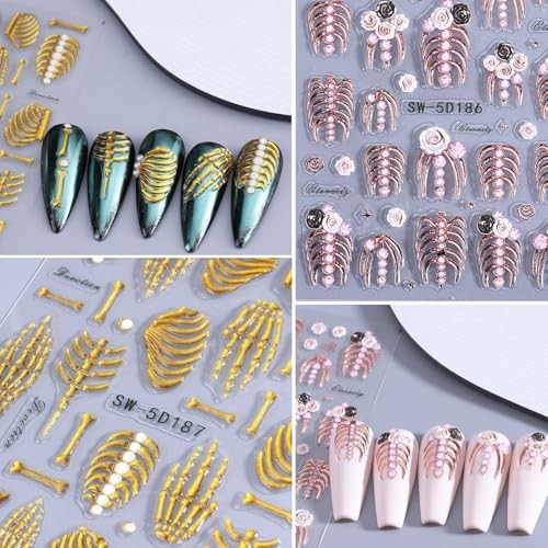 3Sheets Halloween Skeleton Nails Stickers Embossed Flower Skull Hand Bone Rose