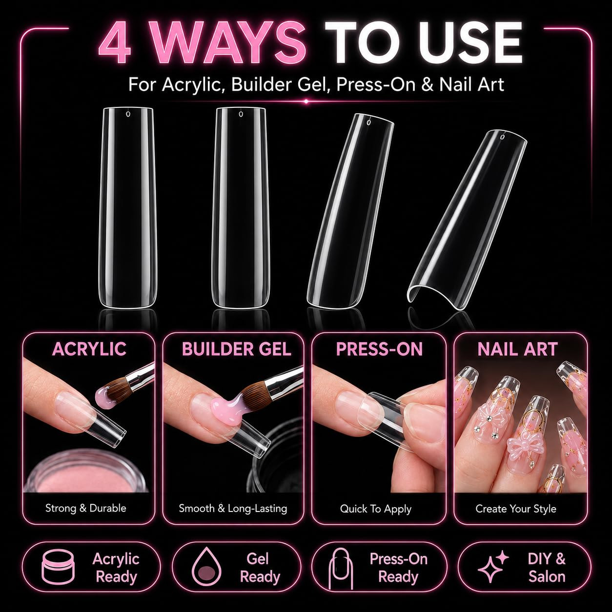 Long Square Nail Tips,Pre-Etched Full Cover Soft Gel Nail Tips | 240Pcs Clear No