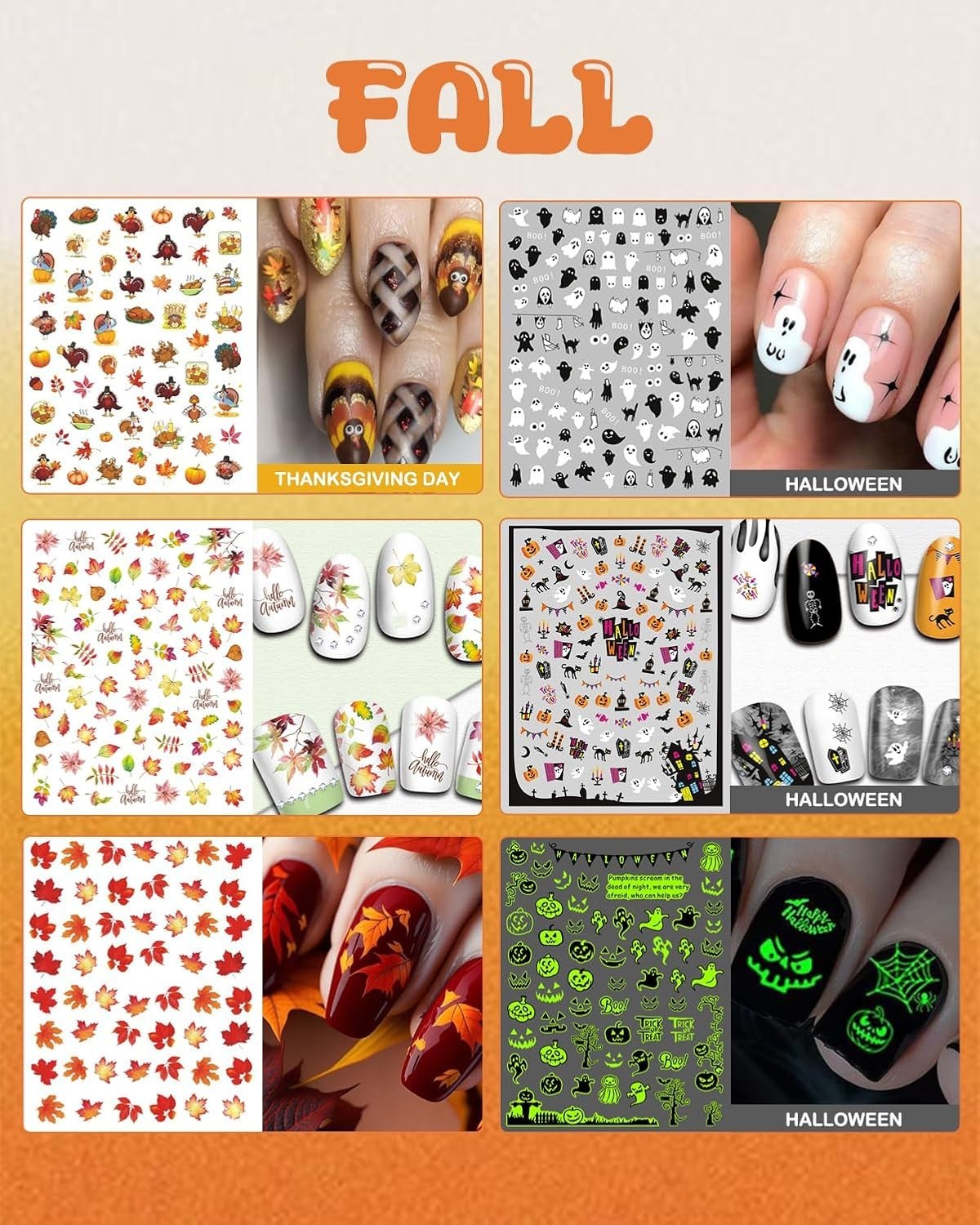 24 Sheets Seasonal Nail Art Stickers, Four Season Variety Pack All Holiday Na…