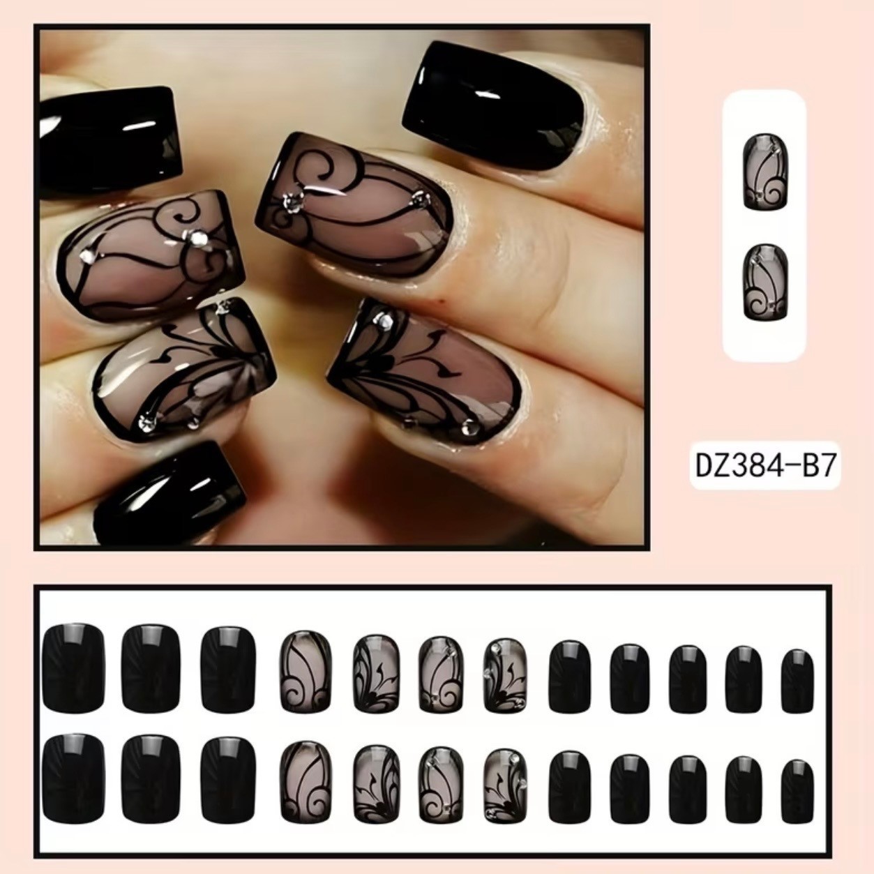 24 pcs Black Swirls on Nude w Rhinestones Medium Length Square Press on Nails