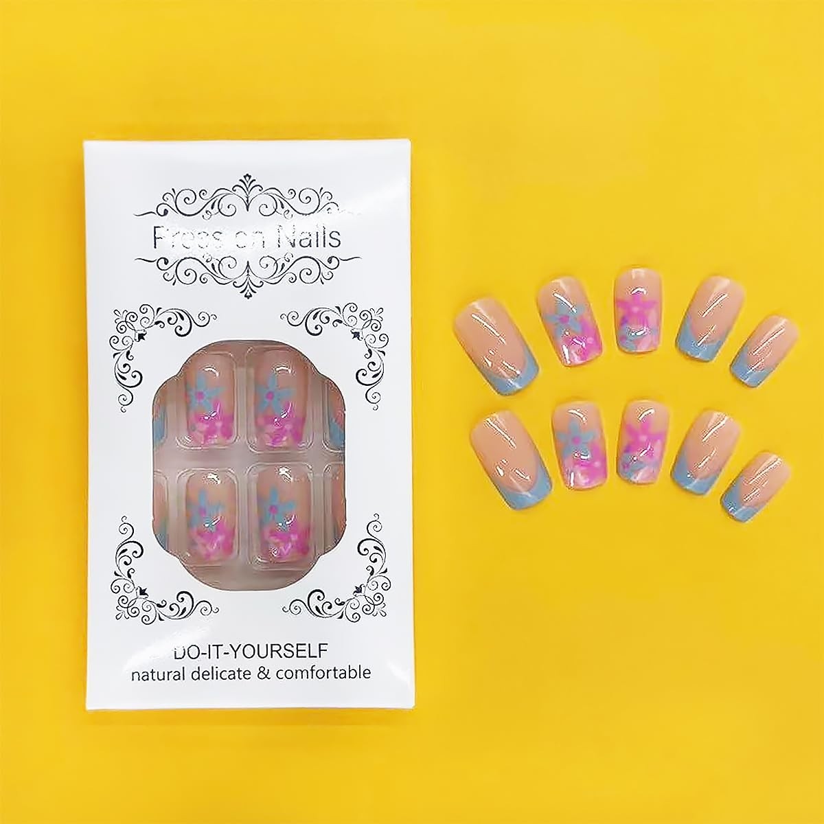 Stylish 24pcs Blue Floral French Tip Fake Nails – Perfect for Any Occasion
