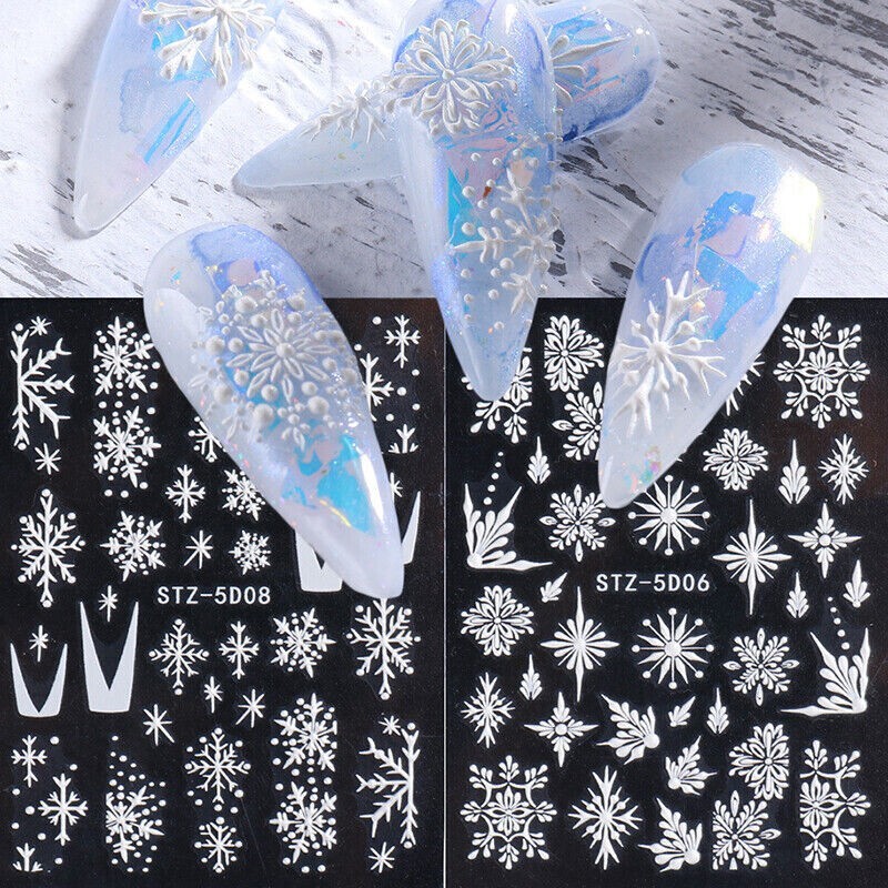 5D Embossed Christmas Snowflakes Tulip Flowers Heart Bear Nail Stickers Peel Off