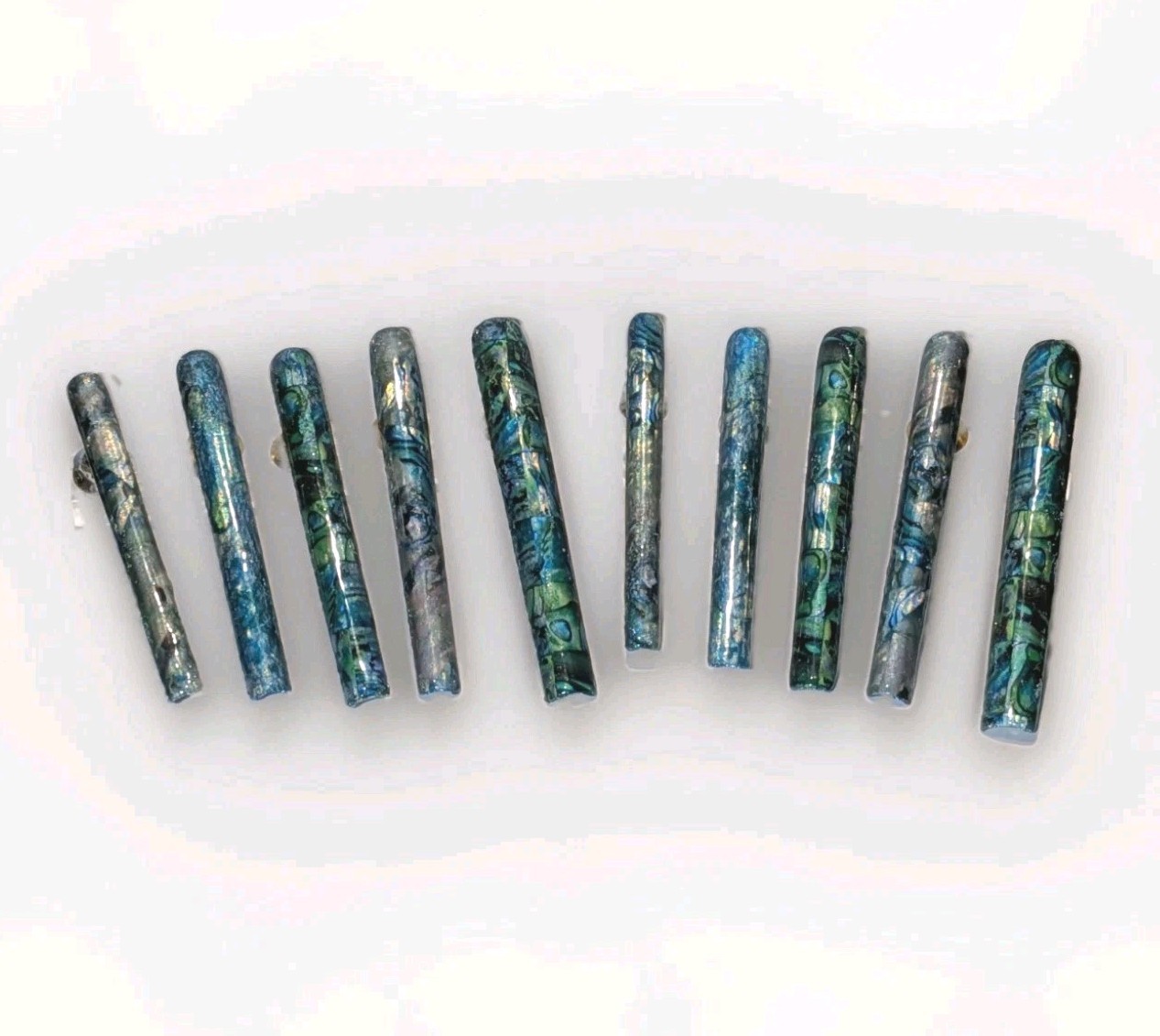 Hand Crafted 6Xl Acrylic Teal and Blue Marble Long Press-On Nails Sz Medium